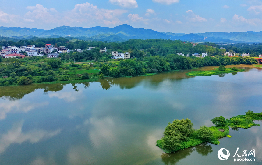 瑞金市谢坊镇迳桥村，绵江河畔群山连绵、树木葱茏，鳞次栉比的村庄房舍与农田鱼塘相映成趣。人民网记者 朱海鹏摄