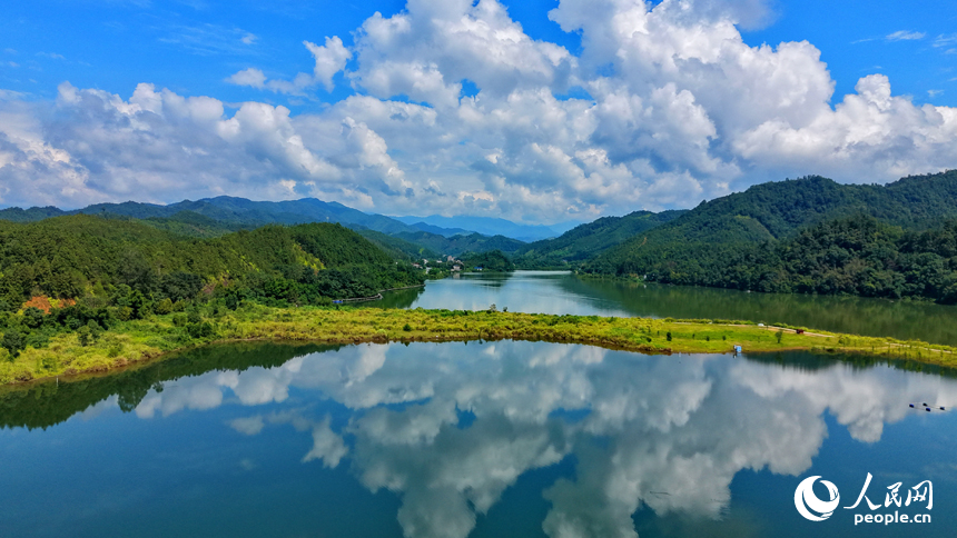 陽明湖國家濕地公園水域，樹木蔥郁、河流蜿蜒，與藍天白雲、蒼翠青山相映成景，勾勒出一幅水清岸綠的濕地生態畫卷。人民網記者 朱海鵬攝