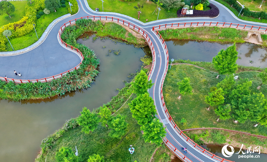瑞金市象湖街道的一處“口袋公園”，樹木蔥郁、綠道蜿蜒，成為市民健身游玩的好去處。人民網記者 朱海鵬攝