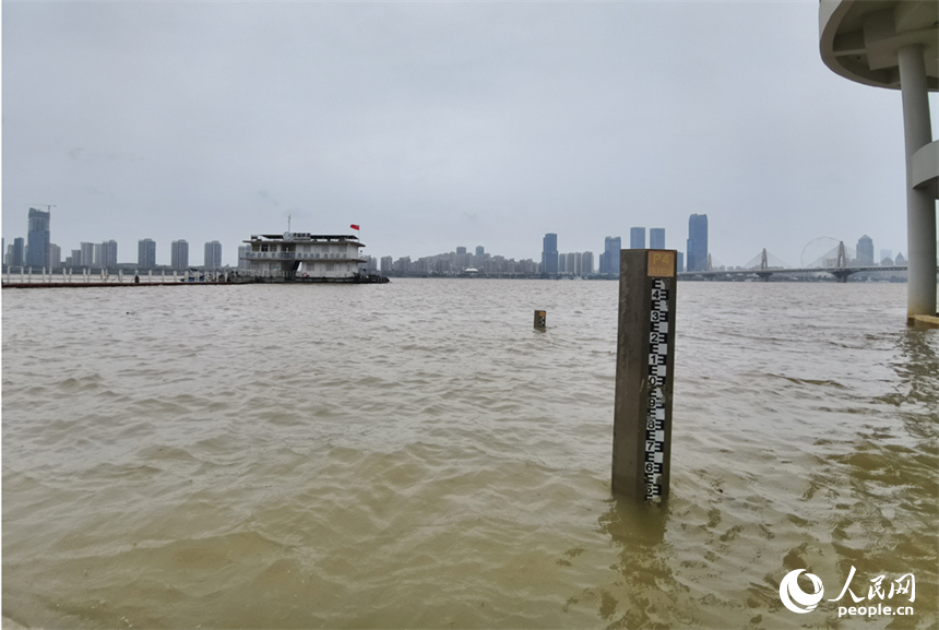 赣江南昌段外州水文站的标尺淹在江水中。人民网记者 时雨摄