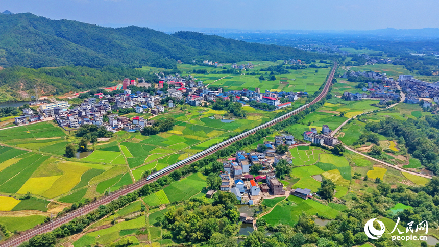 赣州市信丰县西牛镇黄泥村，复兴号CR200J3型动力集中动车组行驶在京九铁路线上。人民网记者 朱海鹏摄