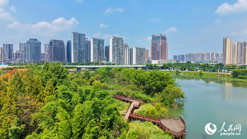 赣州市南康区章江江畔树木繁茂、色彩斑斓，与蓝天白云、城市建筑相映生辉，勾勒成一幅城水相融、生态秀丽的秋景画卷。人民网记者 朱海鹏摄