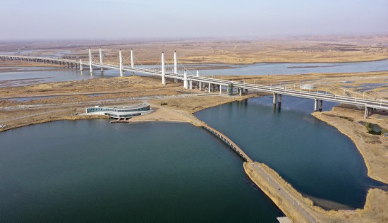 黃河流經寧夏銀川市濱河黃河大橋（3月2日攝，無人機照片）。新華社記者 馮開華 攝